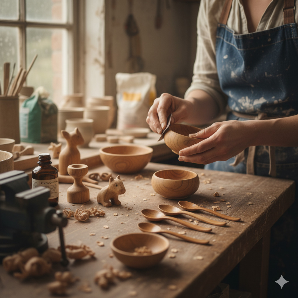 Puuesineitä viimeistelyssä